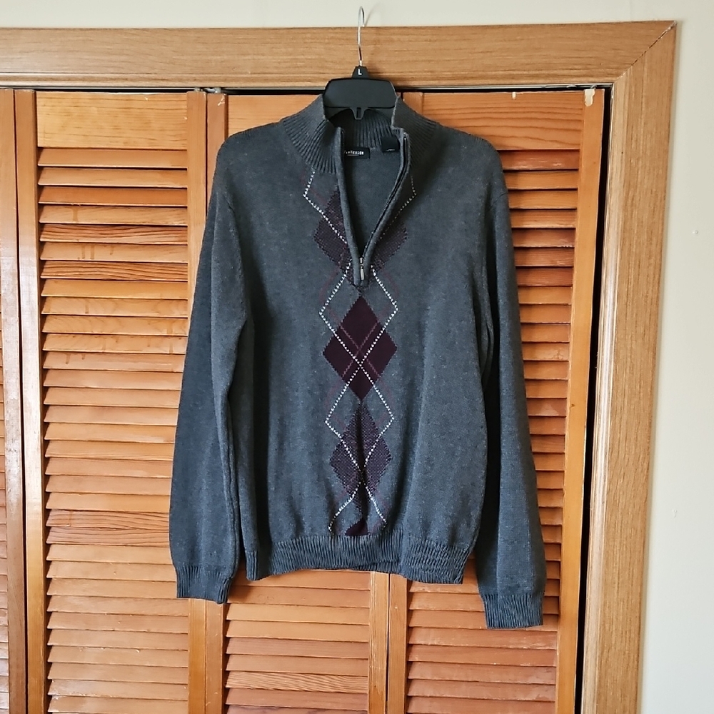 Van Heusen Charcoal and Burgundy Argyle Zip-Up Sweater